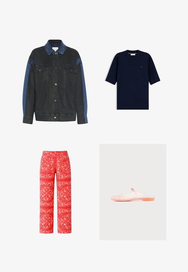 Veste en denim avec un corps noir et des accents bleus sur les épaules, deux poches avant et des boutons-pression argentés. Design texturé et décontracté.; Pull en maille bleu marine à manches courtes avec col rond et petit logo Tommy Hilfiger sur la poitrine.; Pantalon rouge taille haute à jambes droites avec un motif blanc complexe de fleurs et de cachemire style bandana.; Chaussure plate rose transparente à enfiler avec un motif tissé et une petite bride réglable sur un fond uni.