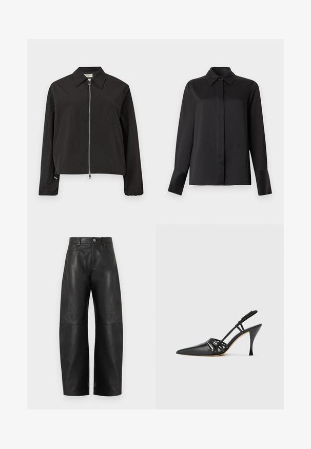 Chaqueta negra de manga larga con cremallera plateada frontal, cuello puntiagudo y dos bolsillos laterales sobre un fondo gris claro.; Camisa negra de manga larga con botones y cuello clásico, con botones ocultos, presentada sobre un fondo claro y liso.; Pantalones de cuero negros de pierna ancha y talle alto con botones frontales, cremallera y dos bolsillos delanteros, mostrados sobre un fondo blanco.; Zapato de tacón alto de charol negro con punta afilada, diseño de tiras entrecruzadas y tacón de aguja delgado. Textura suave y acentos mínimos.