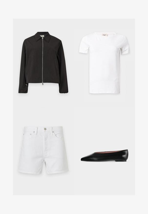 Veste noire à manches longues avec fermeture éclair argentée à l'avant, col pointu et deux poches latérales sur un fond gris clair.; T-shirt blanc uni à manches courtes avec un col rond, présenté sur un fond gris clair.; Short en denim blanc avec poches à l’avant, passants pour ceinture et fermeture par bouton métallique, présenté sur un fond uni.; Chaussure plate en cuir noir pour femme, avec bout pointu et petit talon, vue de côté sur un fond gris clair uni.