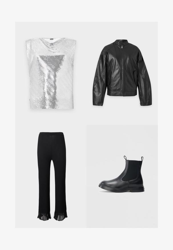 Veste en cuir noire zippée avec col montant et manches longues, présentée à plat sur fond blanc.; Rabanne Débardeur - silver-coloured; Pantalon noir côtelé droit avec ourlets évasés plissés et taille élastique, présenté sur un fond uni.; Botte Chelsea en cuir noir avec panneaux latéraux élastiques, bout arrondi et semelle épaisse. Dispose d'une languette à l'arrière pour un enfilage facile.