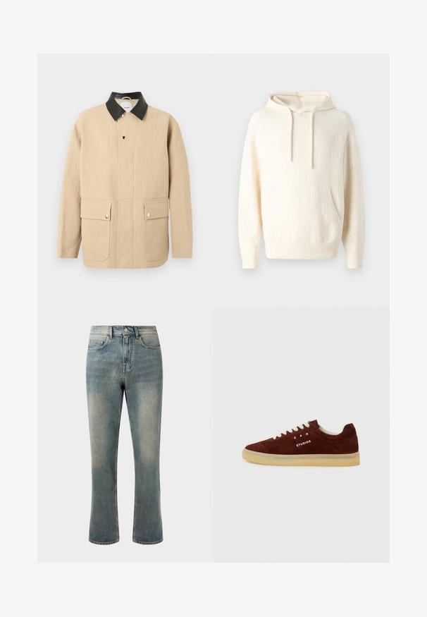 Beige jakke med lange ærmer, sort læderkrave, trykknapper foran og to forlommer med sølvfarvede trykknapper.; Cremefarvet hættebluse lavet af blødt stof, med en kengurulomme, ribbede manchetter og en tekstureret overflade.; Lys blå denim jeans med lige ben, mellemhøj talje og subtilt slid. Har klassisk lomme-design og kontrasterende stikninger.; Bordeaux ruskinds sneakers med lav profil og snørebåndsdesign. Har hvid trykt branding og en lys gummisål.