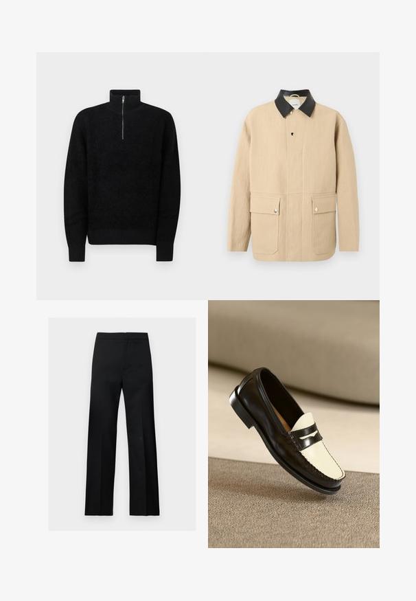 Veste beige à manches longues avec col en cuir noir, boutons-pression à l'avant et deux poches avant à rabat avec boutons-pression argentés.; Pull en polaire noir avec un col montant et une fermeture éclair à moitié. Dispose de poignets et d'ourlet côtelés, offrant une apparence texturée et confortable.; Pantalon formel noir à jambes droites, taille haute, au design épuré et minimaliste, présenté sur un fond clair uni.; Mocassin en cuir noir avec un empeigne crème et des rayures noires, présentant un petit talon et des coutures détaillées le long des bords.