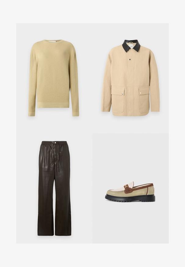 Veste beige à manches longues avec col en cuir noir, boutons-pression à l'avant et deux poches avant à rabat avec boutons-pression argentés.; Pull beige côtelé avec manches longues, col rond et coupe droite. Texture douce sans motifs ni accents visibles.; Pantalon en simili cuir marron foncé avec une taille élastique, une fermeture à bouton à l'avant et des jambes droites larges.; Loafer avec des panneaux en suède beige, rose clair et marron, accent en boucle en métal doré et semelle épaisse en caoutchouc noir avec un motif de crans.