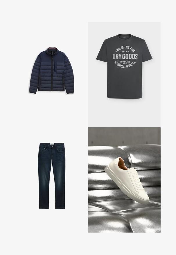 Marineblaue Steppjacke mit hohem Kragen, steppgearbeitetem Design, vorderem Reißverschluss und einer Brusttasche. Strukturierter, warmer Stoff mit Seitentaschen.; Dunkelgraues T-Shirt mit kurzen Ärmeln und rundem Ausschnitt, vorne zentriert mit weißem Text "Tom Tailor TRM Est. 62 Dry Goods Supplies Original Apparel" bedruckt.; Dunkelblaue Denim-Jeans mit slim Fit, ausgestattet mit fünf Taschen, einem Knopfverschluss und subtilen Ausbleichungen auf der Vorderseite für eine strukturierte Optik.; Weißer Sneaker mit niedrigem Schaft, der über einer glänzenden silbernen, gesteppte Lederoberfläche schwebt.