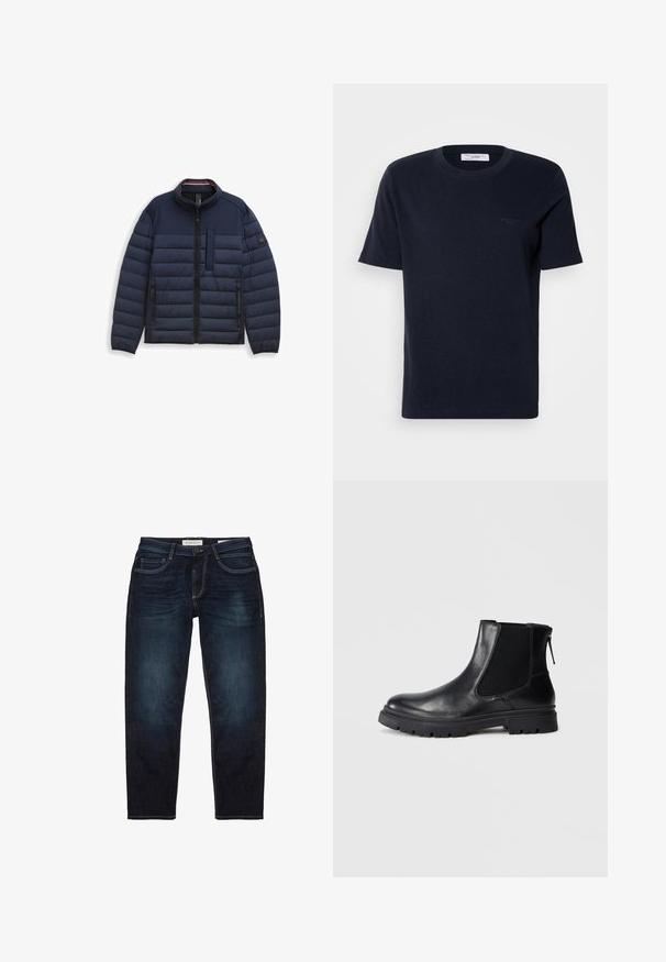 Veste en duvet marine avec col montant, design matelassé, fermeture éclair frontale et poche poitrine. Tissu texturé et chaud avec poches latérales.; T-shirt en coton bleu marine à manches courtes, col rond et petit logo sur la poitrine. Texture lisse, coupe classique.; Jean en denim bleu foncé avec une coupe standard, doté d'une fermeture éclair, de cinq poches et de coutures jaunes contrastantes. Texture lisse dans l'ensemble.; Bottine en cuir noir avec une finition lisse, des panneaux latéraux en maille élastique et une semelle robuste avec un motif de crampons visible.