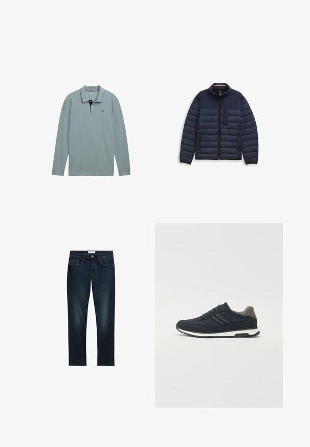 Marineblå dunjakke med høj krave, quiltet design, lynlås foran og brystlomme. Tekstileret, varmt stof med sidelommer.; Langærmet polo-shirt i lys blå med en kontrastfarvet navy krave. Cotton materiale, med et lille logo på venstre bryst. Klassisk pasform.; Mørkeblå denim jeans med slim fit, der har fem lommer, knaplukning og diskret falmning foran for tekstur.; Marine mesh og ruskind sneakers med grå hælaccent; har hvid mellemsål og tekstureret sort ydersål; minimalisk stribet detaljering.