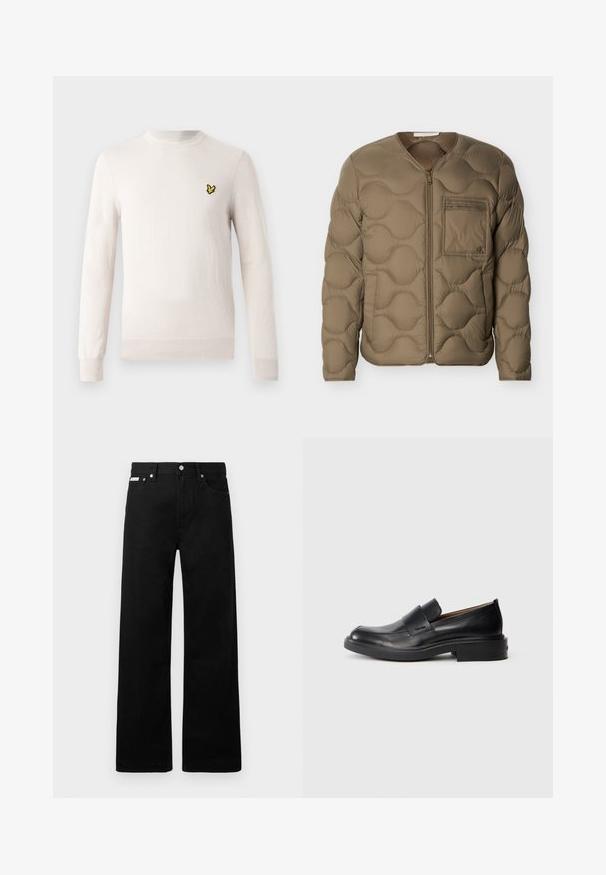 Vatteret jakke i olivengrøn med quiltet tekstur, lynlås foran og brystlomme. Har ribstrikkede manchetter og en afslappet pasform.; Lysebeige sweater med lange ærmer, rund hals og ribbet kant. Har et lille sort og gult broderet logo på brystet.; Sorte denimbukser med bred ben-design, der har fem lommer og metallisk knapdetalje. Glat tekstur, uden synlige mønstre.; Sorte læder slip-on dress sko med lav hæl og subtil Calvin Klein logo på siden, vist i profil på en hvid baggrund.