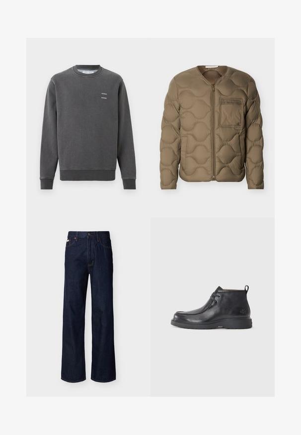 Veste matelassée en vert olive avec texture matelassée, fermeture éclair frontale et poche poitrine. Comprend des poignets côtelés et une coupe décontractée.; Sweat-shirt gris foncé à col rond avec poignets et ourlet côtelés, présentant un petit texte blanc "SAMSOE SAMSOE" sur la poitrine gauche.; Jean droit en denim bleu foncé avec design à cinq poches et fermeture par boutons, présenté sur un fond clair uni.; Bottes noires en cuir à talon arrondi, avec un design à lacets et une languette à l'arrière. Tige texturée et semelle en caoutchouc.