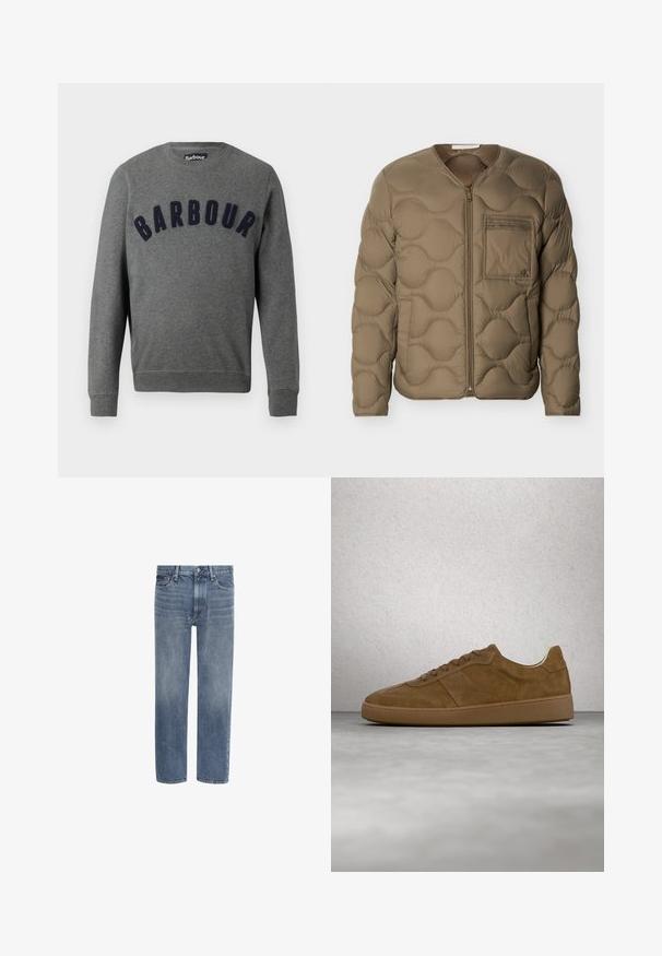 Gepolsterte Jacke in Olivgrün mit gesteppter Textur, Frontreißverschluss und Brusttasche. Verfügt über gerippte Bündchen und eine lockere Passform.; Grauer Sweatshirt mit Rundhalsausschnitt und einem erhabenen, dunkelblauen "Barbour"-Logo auf der Vorderseite. Hergestellt aus weichem Material mit gerippten Bündchen.; Gerade geschnittene blaue Denim-Jeans mit Vordertaschen, Gürtelschlaufen und Knopfverschluss.; Brauner Veloursleder-Sneaker mit hellbraunen Schnürsenkeln und Gummisohle. Verfügt über eine abgerundete Zehenpartie und gestickte Details am Obermaterial. Leichtes Design.