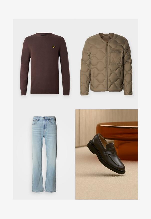 Veste matelassée en vert olive avec texture matelassée, fermeture éclair frontale et poche poitrine. Comprend des poignets côtelés et une coupe décontractée.; Pull marron en tissu tricoté doux, avec un col rond et des manches longues. Accent brodé d'un oiseau jaune sur la poitrine.; Jeans en denim bleu clair avec une coupe droite, dotés de cinq poches, d'une fermeture à bouton et d'une légère décoloration sur le tissu.; Mocassin en cuir noir flottant au-dessus d'un tapis beige avec des meubles arrondis marron en arrière-plan.