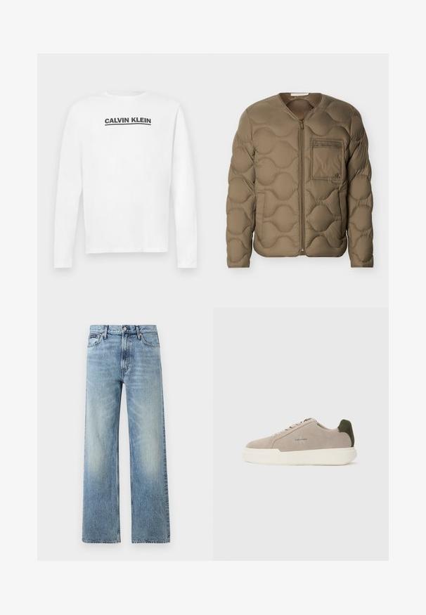 Veste matelassée en vert olive avec texture matelassée, fermeture éclair frontale et poche poitrine. Comprend des poignets côtelés et une coupe décontractée.; Chemise blanche à manches longues en coton, arborant un logo noir "CALVIN KLEIN" sur la poitrine et un col rond. Texture lisse.; Jean droit en denim bleu clair avec taille haute, cinq poches, fermeture à boutons et léger délavage sur les cuisses et les genoux.; Baskets en suède beige avec une semelle en caoutchouc blanche, présentant un accent de talon vert foncé et une branding subtile sur le côté.