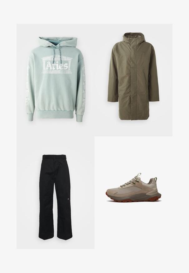 Veste imperméable vert olive avec capuche, manches longues, coupe droite et fermeture frontale dissimulée. Texture lisse et design minimaliste.; Hoodie vert menthe en coton, doté d'une impression frontale "Bélier" avec des détails architecturaux, et de texte en blanc le long des manches.; Pantalon noir en tissu robuste, présentant une coupe droite, des passants pour ceinture et un petit logo sur le côté inférieur.; Chaussure de randonnée beige et olive avec tige en mesh et daim, semelle marron robuste, col rembourré et languettes de traction au talon et à la languette.