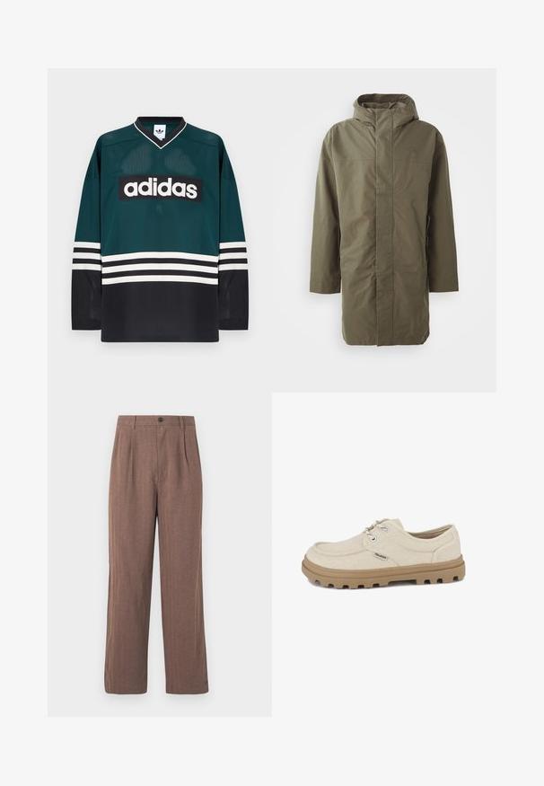Olivgrüne wasserdichte Jacke mit Kapuze, langen Ärmeln, geradem Schnitt und verdecktem Frontverschluss. Weiche Textur und minimalistisches Design.; Grünes und schwarzes Adidas-Trikot mit V-Ausschnitt, langen Ärmeln, Netzstruktur und auffälligem weißem Logo quer über der Brust mit gestreiften Akzenten.; Braune, weit geschnittene Hosen aus strukturiertem Stoff, mit Falten und einem Knopfverschluss an der Taille. Maßgeschneiderter Schnitt mit klaren Linien.; Hellbeiger lässiger Schnürschuh mit dicker, hellbrauner Gummisohle und strukturiertem Stoffobermaterial, mit kleinem Palladium-Logo am Seitenteil.