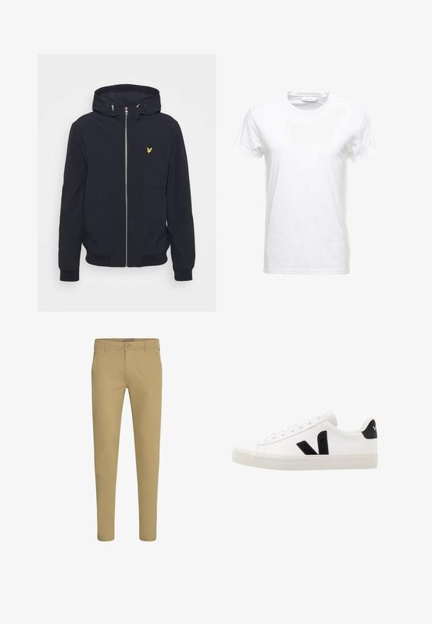 Lyle & Scott Chaqueta outdoor - dark navy; Camiseta de algodón blanca con mangas cortas, diseño de cuello redondo y textura suave. Etiqueta visible en el cuello. Estilo simple y clásico.; Pantalones chinos beige de corte ajustado con cierre de botón y cremallera, bolsillos delanteros inclinados y trabillas para cinturón, mostrados sobre fondo blanco.; Zapatilla de cuero blanca con acentos de ante negro; presenta una suela de goma, puntera redonda y un diseño clásico de cordones. Logo lateral en negro.