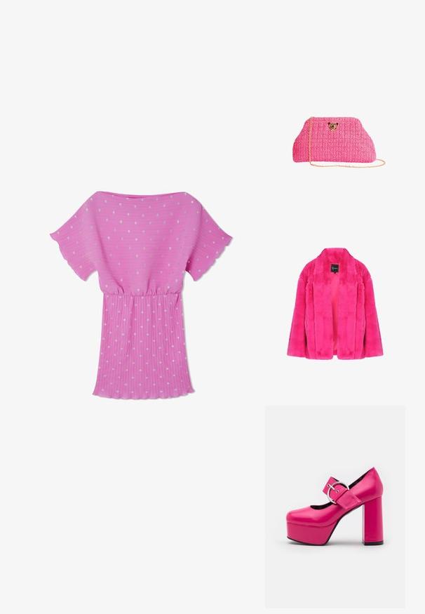 Chaqueta de piel sintética de un brillante color rosa, con un amplio cuello y mangas largas, de abertura frontal que muestra un suave forro interior y una etiqueta de la marca en el interior del cuello.; Vestido rosa con plisados y mangas cortas en forma de volantes, adornado con puntos plateados en toda su superficie y una cintura elástica para un ajuste relajado.; LAMODA FORGET ME PLATFORM - Zapatos altos - fuchsia; Bolso de mano rosa tejido con una correa de cadena dorada y una pequeña decoración de cabeza de leopardo dorada en el frente.