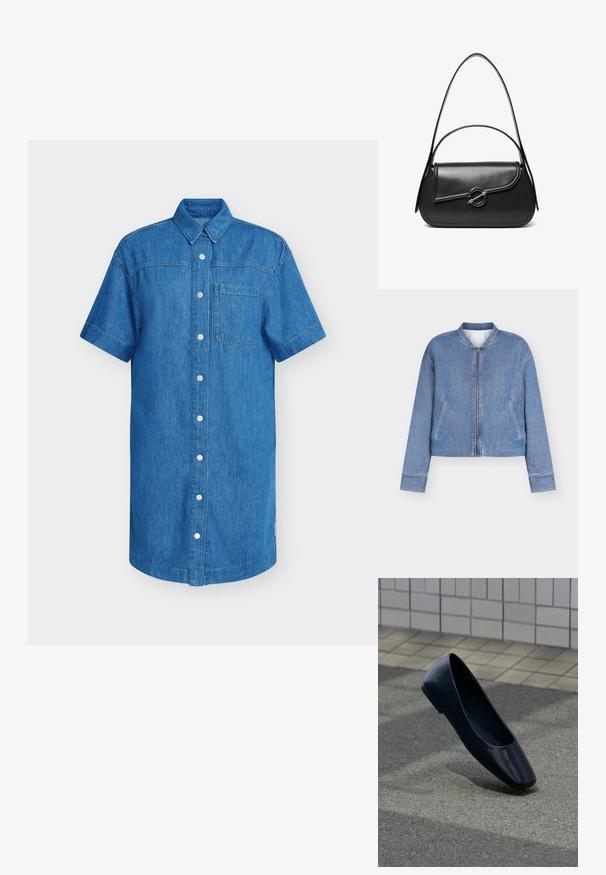 Lyseblå denim bomberjakke med lynlås foran, to skrå lommer og ribbet krave, vist på en ensfarvet hvid baggrund.; Kortærmet denimskjorte i klar blå, med knaplukning, enkelt brystlomme og lige skåret kant. Blød tekstur.; Sort læder flad sko, stående opret på en asfaltbelægning nær en flisebelagt fortovskant.; Sort skuldertaske i læder med en buet klap, der er fastgjort med en rund metal spænde, og en slank, justerbar rem.