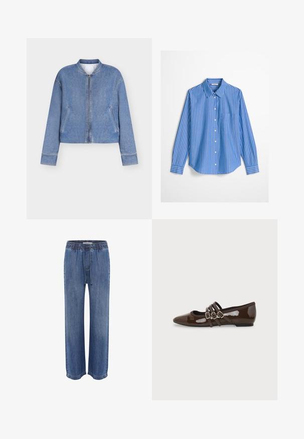 Lichtblauwe denim bomberjack met voorrits, twee schuine zakken en geribbelde kraag, weergegeven op een effen witte achtergrond.; Lichtblauw overhemd met verticale witte strepen, een puntige kraag, lange mouwen en een zak op de linkerborst.; Blauwe denim broek met een elastische tailleband en trekkoord, met een relaxed fit en wijde pijpen, een gladde textuur en gestikte zomen.; Bruine lakleren platte schoen met puntige neus en drie verstelbare gespen aan de zijkant, gezien vanaf de buitenkant.
