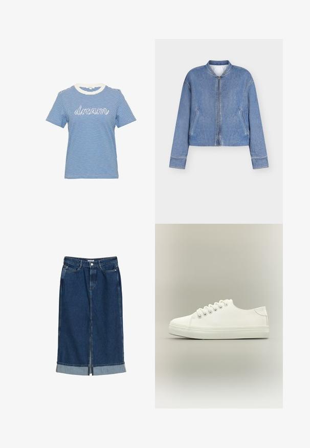 Lichtblauwe denim bomberjack met voorrits, twee schuine zakken en geribbelde kraag, weergegeven op een effen witte achtergrond.; Blauw-witte gestreepte kortemouwen t-shirt met een witte geribbelde halslijn en de tekst "droom" in witte schrift op de voorkant.; Donkere blauwe denim rok met een mid-lengte ontwerp, knoopsluiting aan de voorkant en lichtblauwe omgeslagen zoomaccenten. Gladde textuur met klassieke stiknaden.; Witte lage sneaker met witte veters en rubberen zool, zijaanzicht op een neutrale achtergrond.
