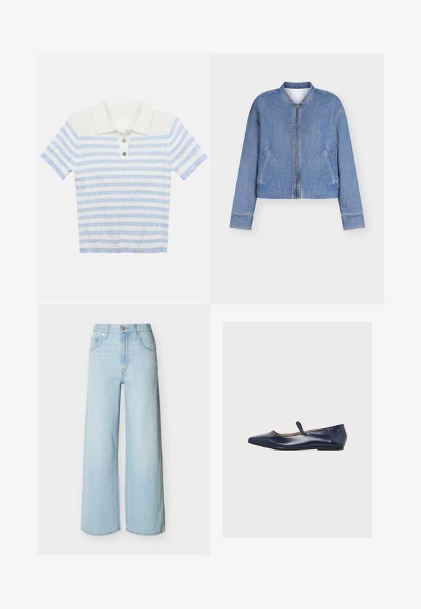Veste bombeuse en denim bleu clair avec fermeture éclair à l'avant, deux poches en biais et col côtelé, présentée sur un fond blanc uni.; Polo-shirt tricoté avec un col blanc. Possède des rayures horizontales bleu clair et blanches. Trois boutons décoratifs à l'avant.; Jean bleu clair à jambes larges avec une fermeture avant à boutons et zip, des passants de ceinture, et un design classique à cinq poches.; Ballerine en cuir bleu marine avec une fine bride unique sur le dessus et une semelle plate sur fond blanc uni.