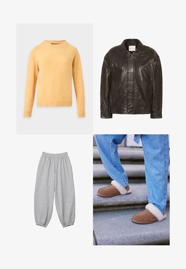 My Essential Wardrobe MWLeather - Kožená bunda - delicioso; Žltý pletený sveter s dlhým rukávom, rebrovaným okrúhlym golierom, manžetami a lemom na svetlosivom pozadí.; Šedé teplákové nohavice vyrobené z mäkkej tkaniny, s elastickým pásom a zúženými manžetami pre uvoľnený strih. Bez vonkajších vreciek.; Hnedé semišové papuče s bielou kožušinou, zaoblenou špičkou a gumovou podrážkou, skombinované s modrými džínsami na žulových schodoch.