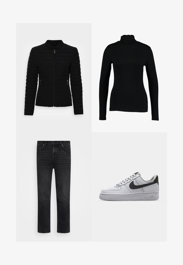 Sort polstret jakke med lynlås foran, høj krave, tekstureret stof med lodrette syninger og to sidelommer med lynlås.; Sort langærmet turtleneck top lavet af glat stof, med et tætsiddende design og høj hals, velegnet til lag-på-lag brug eller som en selvstændig beklædningsgenstand.; Marc O'Polo TROUSER STRAIGHT FIT CROPPED LENGTH - Jeans Straight Leg - dark grey stone wash; Hvide lædersko med grå accenter, rund tå, tekstureret overflade, polstret krave og kontrasterende sort swoosh-logo. Luftdæmpende sål.
