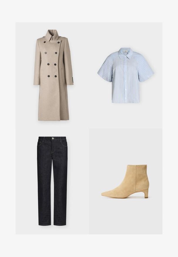 Beige Doppelreiher-Mantel aus Wollmischung mit hohem Kragen, schwarzen Knöpfen, geradem Schnitt und seitlichen Taschen für einen strukturierten Look.; Hellblaues kurzärmliges Hemd mit vertikalen beigen und weißen Streifen und klassischem Kragen auf weißem Hintergrund.; Schwarze Jeans mit geradem Bein, Vordertaschen, Gürtelschlaufen und Knopfverschluss auf einfarbigem Hintergrund.; Beige Wildleder-Ankle-Boot mit spitzer Zehenpartie und einem niedrigen Blockabsatz. Das Design zeichnet sich durch eine glatte Textur und einfache, klare Linien aus.