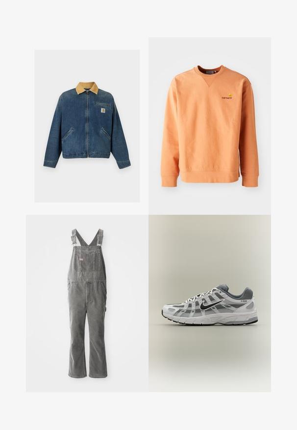 Denimjakke med tan fløjlsomslag, lynlås foran, to håndlommer og brystlomme med Carhartt-logo.; Orange sweatshirt med lange ærmer og rund hals. Ribbet manchetter og kant, med et lille gult Carhartt-logo på brystet. Blød tekstur.; Grå denim overaller med justerbare stropper, brystlomme foran, sidelommer og flagrende ben. Robust stof og afslappet pasform for komfort.; Hvid og grå Nike P-6000 sneaker med sort swoosh, meshpaneler og tekstureret sål, vist i sideprofil på neutral baggrund.