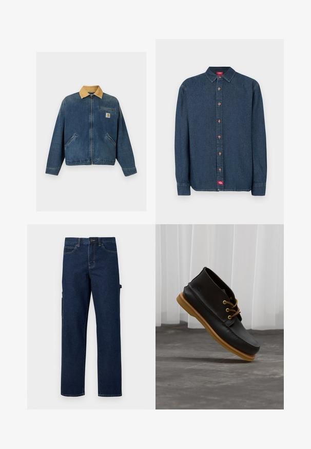 Veste en denim avec col en velours côtelé beige, fermeture éclair avant, deux poches mains et une poche poitrine avec patch logo Carhartt.; Chemise en denim bleu foncé à boutons, avec col pointu, manches longues et boutons en cuivre. Présente une petite étiquette rouge sur le côté gauche.; Pantalon cargo en denim bleu foncé avec jambes droites, poches latérales et coutures contrastées. Comprend une fermeture à bouton et des passants pour ceinture.; Chaussures en cuir noir avec une finition lisse, bout rond, lacets marron et semelles en caoutchouc marron clair. Logo embossé sur le côté.
