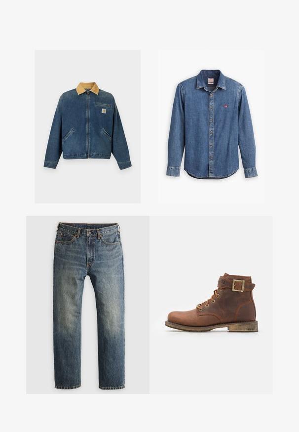 Jeansjacke mit tanfarbenem Cordkragen, Frontreißverschluss, zwei Handtaschen und Brusttasche mit Carhartt-Logo-Patch.; Dunkelblauses Denimhemd mit Button-Down-Kragen, langen Ärmeln, gestickten Akzenten und einem kleinen roten Logo im Bereich der Brusttasche.; Blaue, ausgebleichte gerade geschnittene Jeans aus Denim mit Fronttaschen, Gürtelschlaufen, Knopf und Reißverschluss auf einem hellen Hintergrund.; Harley Davidson VNTGMOTO SHORT RIDING APPROVED - Cowboy-/Bikerstiefelette - brown