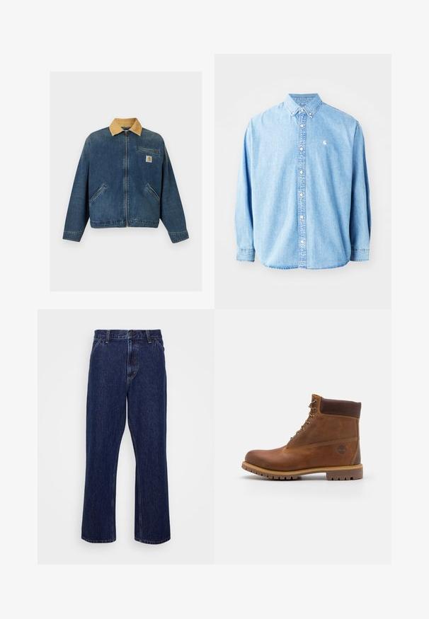 Veste en denim avec col en velours côtelé beige, fermeture éclair avant, deux poches mains et une poche poitrine avec patch logo Carhartt.; Chemise en denim bleu clair à boutons avec manches longues, col pointu et petit logo sur la poitrine gauche. Offre une coupe décontractée et un design classique.; Jeans en denim bleu foncé avec une coupe droite, dotés d'une fermeture à bouton, d'un style à cinq poches et de détails de couture subtils.; Botte de randonnée en cuir marron avec une finition lisse, cheville rembourrée, œillets en métal et semelle en caoutchouc dotée d'un motif de crampons robuste.