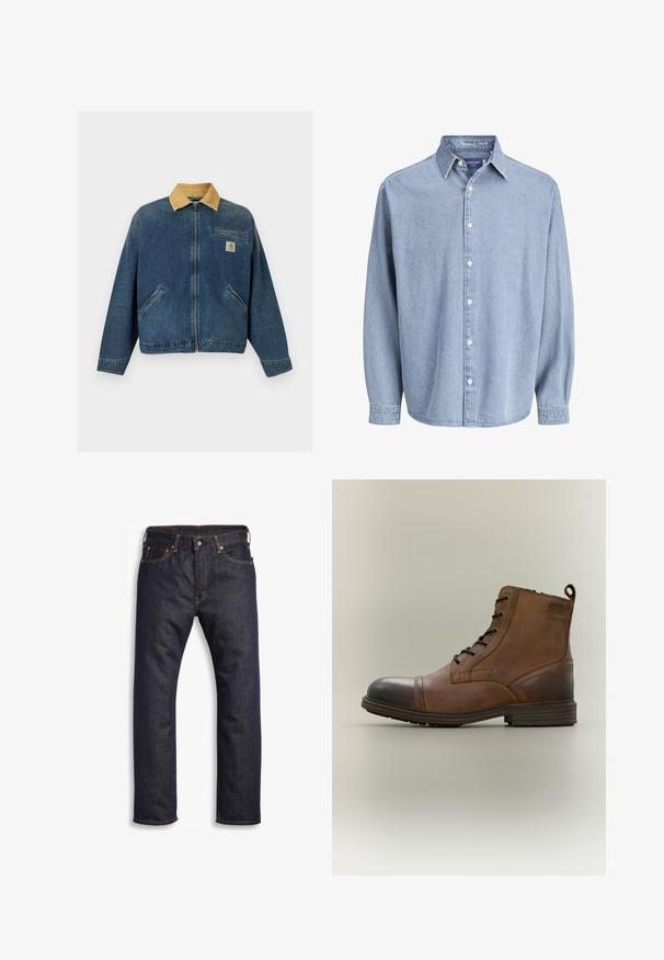 Denimjack met een tan kleurige corduroy kraag, ritssluiting aan de voorkant, twee handzakken en een borstzak met Carhartt-logo patch.; Lichtblauwe denim lange mouw knoophemd met kraag en witte knopen, weergegeven tegen een effen witte achtergrond.; Donkerblauwe denim jeans met rechte snit, vijf zakken, metalen hardware en contrasterende oranje stiksels. Glad oppervlak, geen zichtbare patronen.; Bruine leren enkellaars met veters, zwarte neuskap, ronde zool en merkdetail aan de zijkant tegen een effen achtergrond.