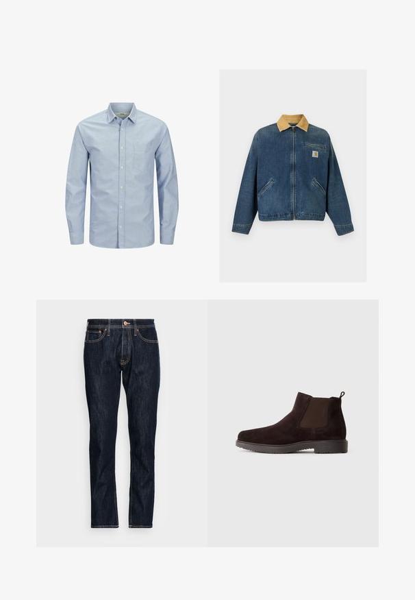 Jeansjacke mit tanfarbenem Cordkragen, Frontreißverschluss, zwei Handtaschen und Brusttasche mit Carhartt-Logo-Patch.; Helles blaues Langarmhemd mit Knopfleiste und einer Tasche auf der linken Brustseite. Aus weichem Stoff mit glatter Textur und dezentem Logo-Detail gefertigt.; Dunkelblaue Jeans aus Denim mit geradem Schnitt. Zu den Merkmalen gehören zwei vordere Taschen, ein Knopfverschluss und kontrastierende orangefarbene Nähte.; Dunkelbrauner Wildleder Chelsea-Stiefel mit elastischen seitlichen Einsätzen, Zuglasche an der Rückseite und einer flachen Gummisohle.