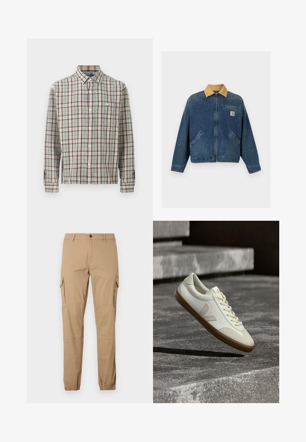 Veste en denim avec col en velours côtelé beige, fermeture éclair avant, deux poches mains et une poche poitrine avec patch logo Carhartt.; Chemise à manches longues boutonnée avec un motif à carreaux vert, beige et bleu marine, avec une poche poitrine unique sur un fond uni.; Pantalon cargo beige en mélange de coton, avec poches cargo latérales, jambes fuselées, poignets élastiques et fermeture par bouton à la taille.; Baskets en cuir blanc avec semelle en caoutchouc beige, lacets plats et accent en forme de V sur le côté. Présentent une surface lisse et peu de détails de couture.