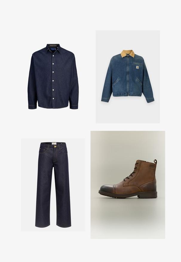 Chaqueta vaquera con cuello de pana marrón claro, cremallera frontal, dos bolsillos para las manos y bolsillo en el pecho con parche del logo de Carhartt.; Camisa de mezclilla azul oscuro con frente abotonado, mangas largas y cuello clásico, que presenta botones blancos y costuras en contraste.; Vaqueros de mezclilla azul oscuro con corte de pierna ancha, cintura alta, bolsillos delanteros, trabillas para el cinturón y costuras amarillas visibles, mostrados sobre un fondo liso.; Bota de cuero marrón con cordones hasta el tobillo, puntera negra, suela redonda y detalle de marca en el lateral sobre un fondo liso.