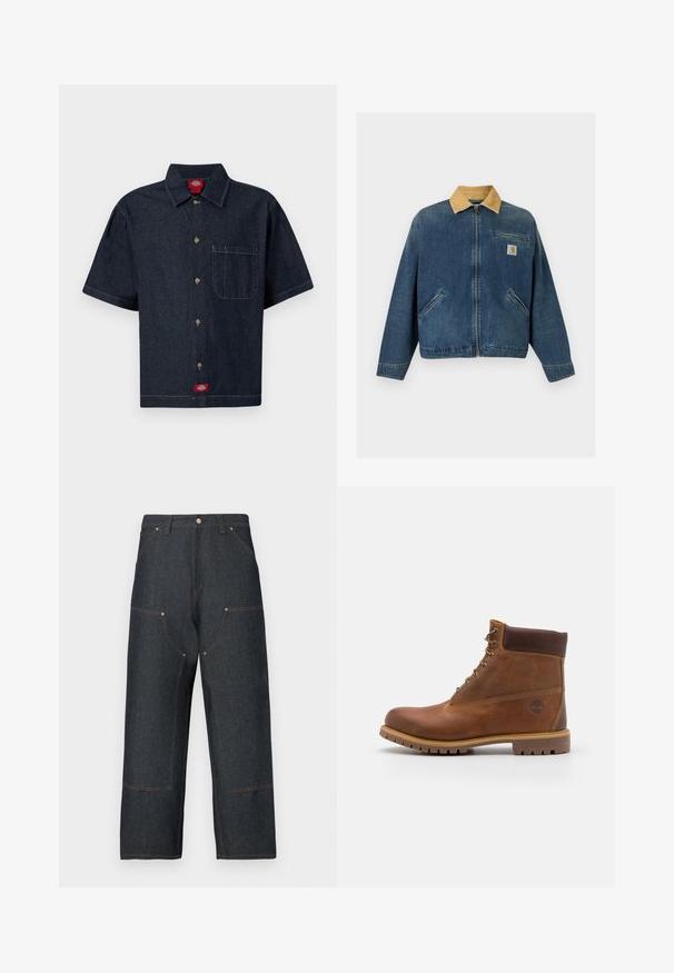 Veste en denim avec col en velours côtelé beige, fermeture éclair avant, deux poches mains et une poche poitrine avec patch logo Carhartt.; Chemise boutonnée à manches courtes en denim foncé avec poche poitrine, col, et étiquettes de marque visibles au col et à l'ourlet inférieur.; Jean en denim bleu foncé avec une coupe à jambes larges, présentant des coutures contrastantes orange, des poches avant et une fermeture classique par bouton.; Botte de randonnée en cuir marron avec une finition lisse, cheville rembourrée, œillets en métal et semelle en caoutchouc dotée d'un motif de crampons robuste.