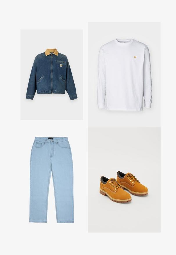 Jeansjacke mit tanfarbenem Cordkragen, Frontreißverschluss, zwei Handtaschen und Brusttasche mit Carhartt-Logo-Patch.; Weißes Langarm-T-Shirt aus Baumwolle. Mit kleinem goldenem Logo auf der Brust und Rundhalsausschnitt. Einfaches Design und normale Passform.; Hellblaue Jeans mit geradem Bein, Vordertaschen, Gürtelschlaufen, Knopfverschluss und sichtbaren Nahtdetails.; Braune Wildlederschuhe mit einer runden Zehenpartie, gelben Schnürsenkeln, einem gepolsterten schwarzen Kragen und Gummisohlen mit Rillen für besseren Halt.
