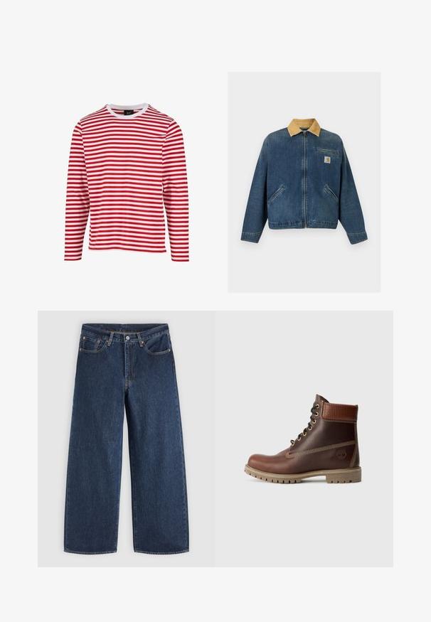 Farkkutakki, jossa vaaleanruskea corduroy-kaulus, etuvetoketju, kaksi käsitaskua ja rintatasku, jossa Carharttin logopatch.; Pitkähihaisen paidan punavalkoiset vaakaraitat, jossa on pyöreä kaula-aukko ja pehmeä, sileä puuvillakangas. Ei lisäkuvioita tai -korostuksia.; Tummansiniset leveälahkeiset farkut, joissa etutaskut, napillinen kiinnitys ja vyölenkit, aseteltuna litteäksi vaalealle taustalle.; Ruskohitsit nahkasaappaat, joissa on nauhakiinnitys, pehmustettu kaulus, kontrastiväriset ompeleet ja kestävä pohja. Kuvassa saappaat esitetään ulkopuolelta valkoista taustaa vasten.