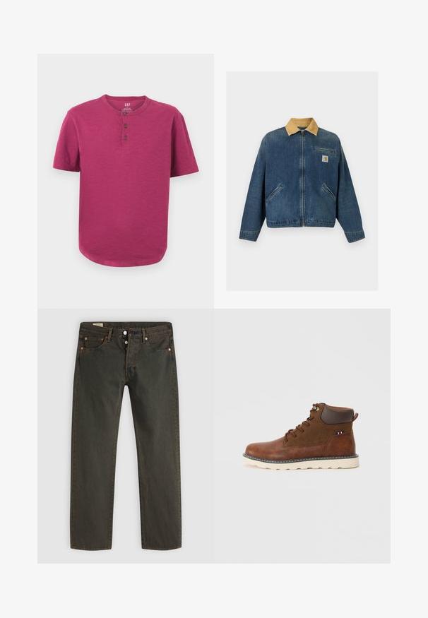 Denimjakk tan-värvi sametkraega, eesmine tõmblukk, kaks käetaskut ja rindade tasku Carhartti logoga.; Lühikeste varrukatega henley särg magenta värvitoonis. Omab ümarat kaelust, kolme nööbiga pinda ja kergelt kõverat äärt. Pehme tekstuur.; Tumedad denimpüksid, sirge lõikega, viie tasku ja kuldse tooni riistvaraga, millel on õrn pesu muster.; Pruun nahast ja sametist põlvikujuline saabas ümmarguse varbaga, kontrastse valge tallaga, nööridega kummutus ning väike kolmikvärviline aktsent.