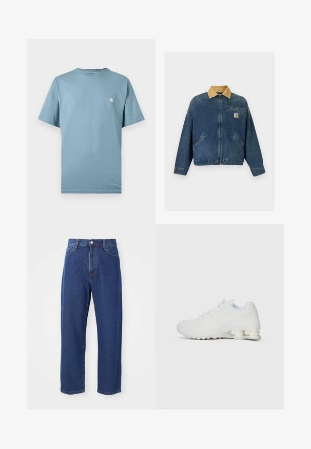 Jeansjacke mit tanfarbenem Cordkragen, Frontreißverschluss, zwei Handtaschen und Brusttasche mit Carhartt-Logo-Patch.; Hellblaues T-Shirt mit kurzen Ärmeln und Rundhalsausschnitt sowie einem kleinen weißen Logo auf der linken Brust, präsentiert vor einem schlichten Hintergrund.; Hoch taillierte blaue Jeans aus Denim, mit geradem Bein, sichtbaren Nähten und einem Frontknopfverschluss.; Weißer Sportschuh mit einem glatten synthetischen Obermaterial, strukturierten Akzenten und einer charakteristischen segmentierten Ferse zur Stoßdämpfung. Schnürdesign.