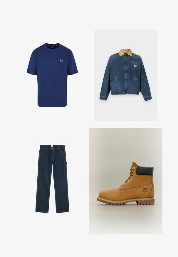 Denimjack met een tan kleurige corduroy kraag, ritssluiting aan de voorkant, twee handzakken en een borstzak met Carhartt-logo patch.; Marineblauwe t-shirt van katoen; korte mouwen; ronde hals; voorzien van een klein logo op de linkerborst en een accent op de mouw.; Donkerblauwe spijkerbroek met rechte pijpen, voorzakken, riemlussen en een knoopsluiting in de taille.; Bruine leren enkellaars met zwarte kraag, gele veters en een zandkleurige zool. Voorzien van een logo en witte stikseldetails. Robuuste loopzool met grip.