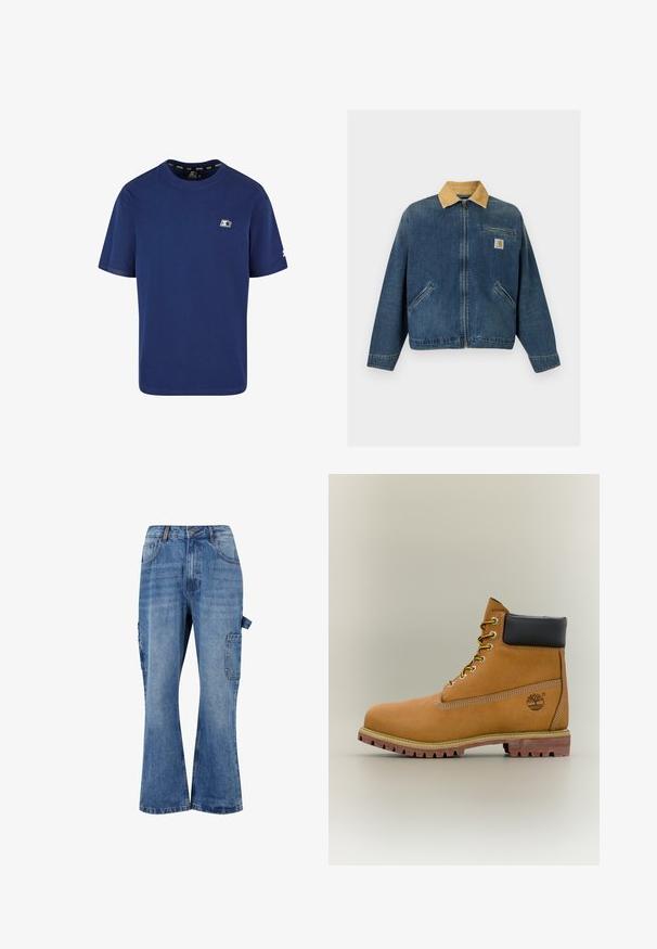 Denimjack met een tan kleurige corduroy kraag, ritssluiting aan de voorkant, twee handzakken en een borstzak met Carhartt-logo patch.; Marineblauwe t-shirt van katoen; korte mouwen; ronde hals; voorzien van een klein logo op de linkerborst en een accent op de mouw.; Lichtblauwe denim cargobroek met een wijde pijp, voorzien van patchzakken, een knopen- en ritsluiting, en een riemlusdetail aan de zijkant.; Bruine leren enkellaars met zwarte kraag, gele veters en een zandkleurige zool. Voorzien van een logo en witte stikseldetails. Robuuste loopzool met grip.