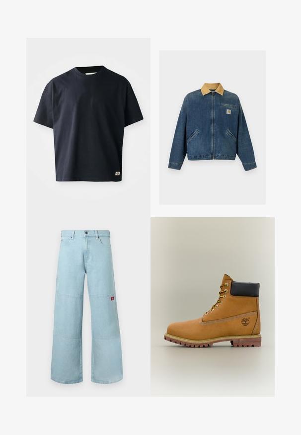 Denimjakke med tan fløjlsomslag, lynlås foran, to håndlommer og brystlomme med Carhartt-logo.; Marineblå kortærmet T-shirt med rund hals og et lille rektangulært brandlogo nær den nederste søm på forsiden til højre.; Lyseblå vidde jeans i denim med kontrastpatches. Har en frontknaplukning og en lille logopatch på sidelommen.; Brun læderankelstøvle med sort krave, gule snørebånd og tanfarvet sål. Har logo og hvide syninger som detalje. Robust ydersål med greb.