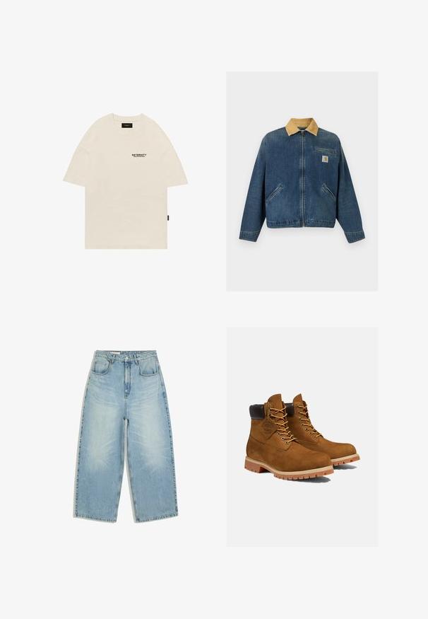 Veste en denim avec col en velours côtelé beige, fermeture éclair avant, deux poches mains et une poche poitrine avec patch logo Carhartt.; T-shirt en coton beige avec un col rond, au design surdimensionné, et un logo imprimé noir sur la poitrine gauche. Manches courtes à coupe droite.; Jean denim bleu clair taille haute avec jambes larges, poches avant, passants de ceinture et fermeture par bouton et fermeture éclair.; Bottines en daim marron avec un col rembourré noir, œillets dorés et semelle en caoutchouc épais avec un motif à crampons pour l'adhérence.