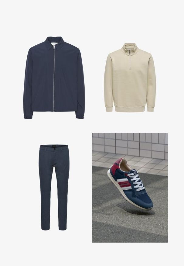 Solid SDELMER - Overgangsjakke - insignia blue; Beige langærmet pullover med ståkrave og fronthalv lynlås, ribbede manchetter og kant.; Mørkeblå skræddersyede bukser lavet af stof, med knaplukning, for- og baglommer samt en slim fit design. Glat tekstur med subtil glans.; Marineblå og burgunderrøde sportssko med en mesh-overdel, hvide detaljer og en tekstureret sål. Har snørebånd og branding på tungen.