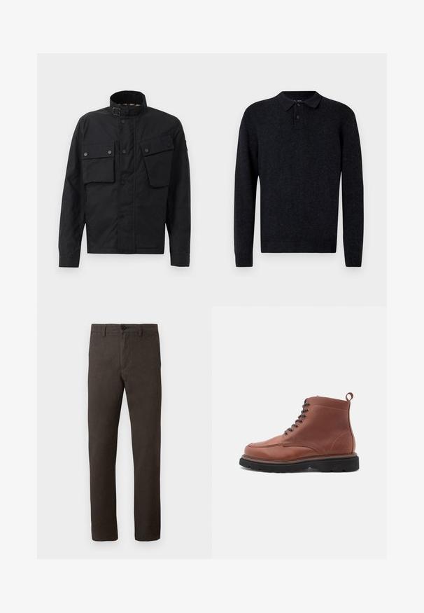 Veste noire en tissu durable, dotée d'un col montant, de boutons-pression, de deux poches avant et d'une coupe droite.; Polo en tricot noir avec col, patte de boutonnage à trois boutons, manches longues, et poignets et ourlet côtelés. Matériau doux et texturé.; Pantalons bruns en tissu texturé, avec une coupe droite, une fermeture à bouton unique et un style minimaliste.; Bottes chelsea en cuir marron avec un bout arrondi, un système de laçage à l'avant et une surface texturée, dotées d'une languette et d'une semelle noire robuste.