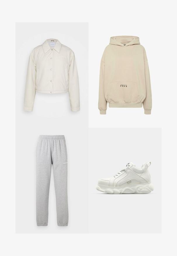 Calvin Klein Jeans CROPPED COACH JACKET - Ľahká bunda - eggshell; Béžová mikina s kapucňou s predným vreckom, rebrovanými manžetami a šnúrkou na kapucni. Na oblasti vrecka je potlačený nápis "PECADOR PGDR".; Šedé teplákové nohavice z mäkkého materiálu, s elastickým pásom, s manžetami na členkoch a bočnou vreckou. Logo je potlačené na ľavom stehne.; Biele atletické tenisky s hladkým koženým zvrškom, zaoblenou podrážkou a textúrovaným akcentom. Obsahujú šnúrky a ťahaciu pásku na zadnej strane.