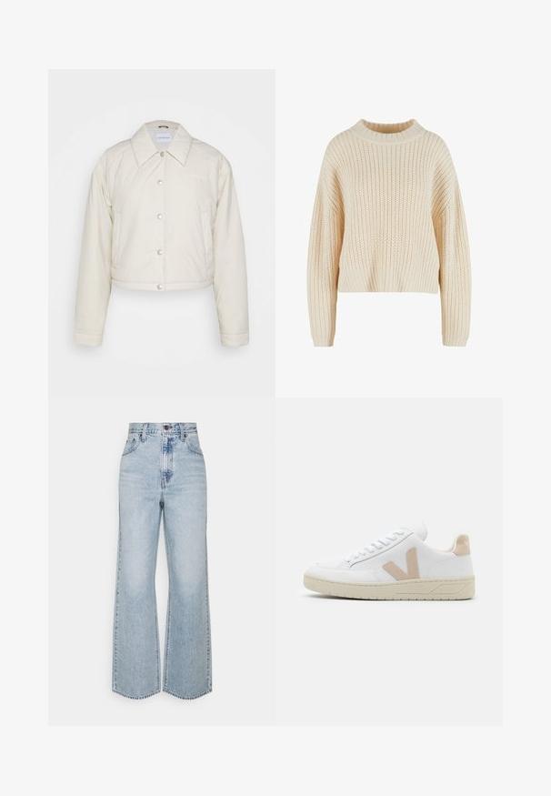 Calvin Klein Jeans CROPPED COACH JACKET - Veste mi-saison - eggshell; Pull en tricot crème avec un col haut en côtes, des manches larges et un motif texturé sur l'ensemble. Design court avec un ourlet en côtes.; Jean large en denim bleu clair avec taille haute, design classique à cinq poches et couture contrastante. Détail de ourlet brut en bas.; Baskets blanches avec des accents en daim beige, bout arrondi et lacets blancs. Semelle en caoutchouc texturé et détail du logo sur le talon.