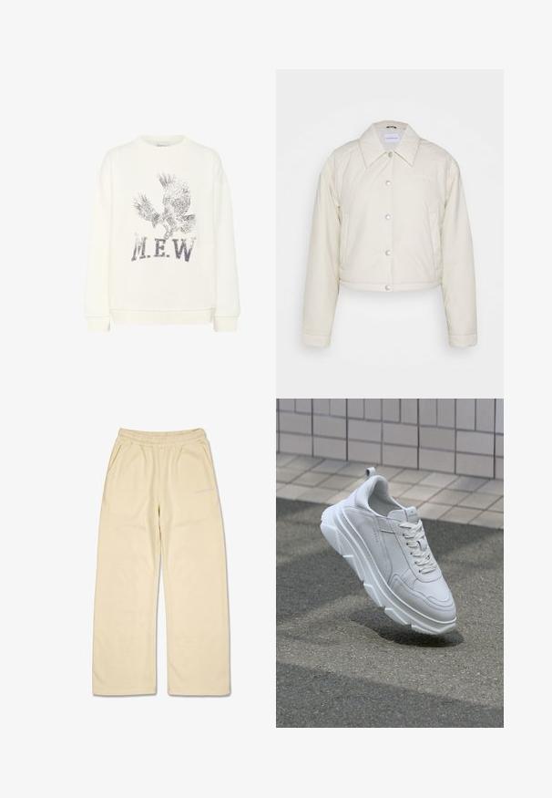 Calvin Klein Jeans CROPPED COACH JACKET - Overgangsjakke - eggshell; My Essential Wardrobe MWDIEGO EAGLE Sweatshirt - Sweatshirt - snow white; Beige vidde sweatpants med elastisk talje, sidelommer og lille hvid "PEGADOR" logo på venstre lår.; Hvide lædersneakers med en tyk, tekstureret gummisål, der har snørebåndslukning og syninger. Rund tå og design med ankelstøtte.