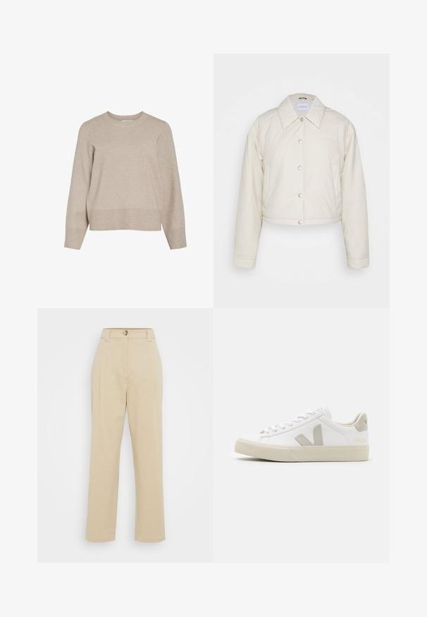 Calvin Klein Jeans CROPPED COACH JACKET - Kerge jope - eggshell; Beež koot, millel on ümar kaelus, pikad varrukad ja soonikäär. Valmistatud pehmest kudumisest, millel on veidi lühendatud disain.; Beežid püksid kõrge taljega, ees volditud ja väikese metallnupuga. Valmistatud siledast kangast, sirgete ja lõdva istuvusega jalgadega.; Valged nahast jooksujalatsid hallide V-logo aktsentidega, tekstureeritud kummist tald, valged paelad ning polsterdatud keeled ja krae.