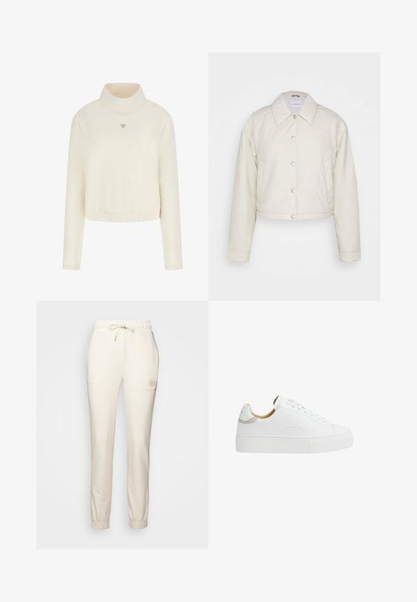 Calvin Klein Jeans CROPPED COACH JACKET - Jas - eggshell; Guess Sweater - crema; Crème-kleurige sweatpants van zacht materiaal, met een elastische tailleband met een trekkoord en geribbelde boorden bij de enkels.; Witte lage sneaker met dikke rubberen zool, witte veters, klein geperforeerd detail aan de zijkant en beige voering.